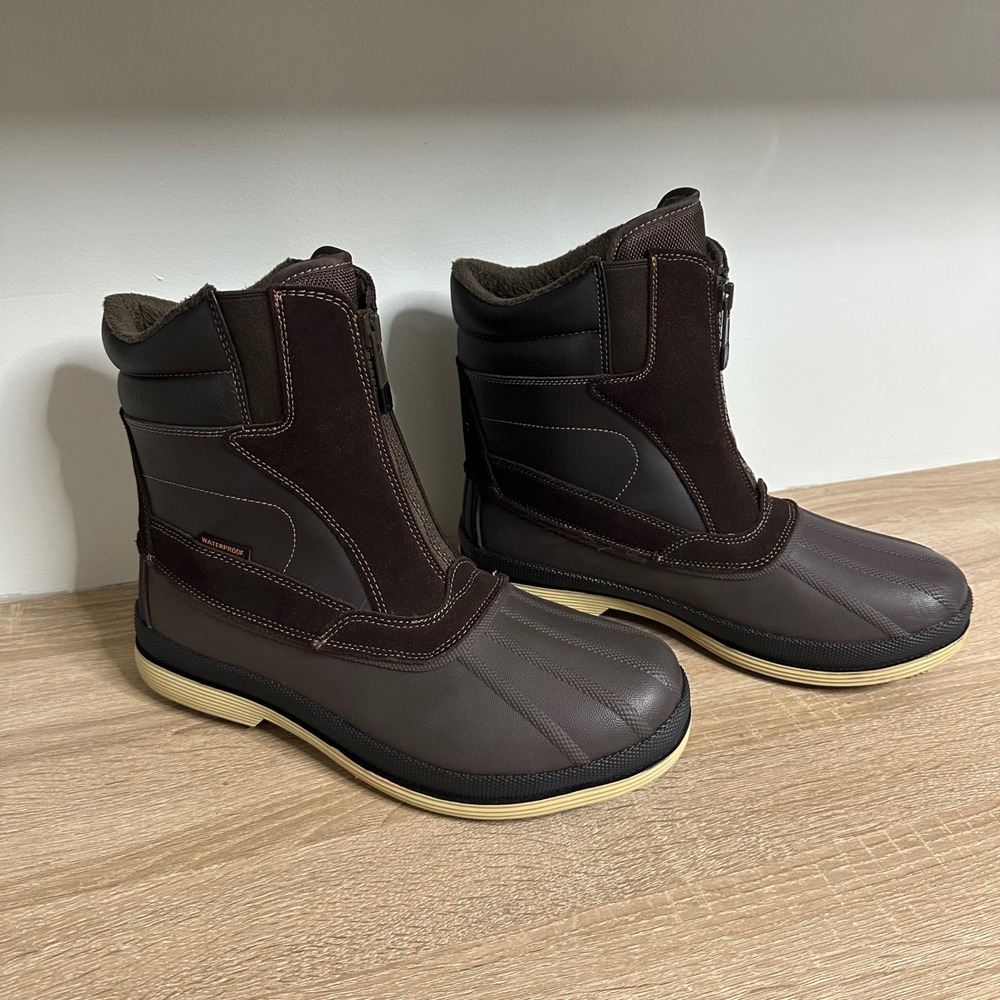 Nortiv 8 Men's Insulated Waterproof Winter Snow Boots US 12 Brown Front Zip Rain